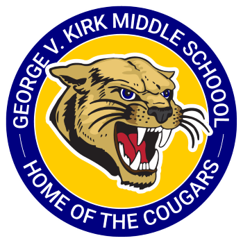 Blue circle with white writing George V. Kirk Middle School Home Of The Cougars. Centered tan cougar, yellow background.